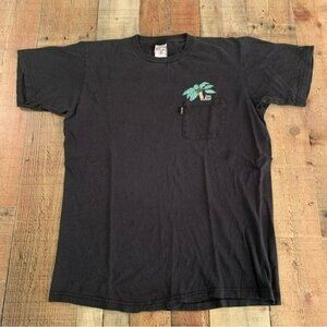 RipNDip unisex black short sleeve shirt with cat in pocket and palm tree -S